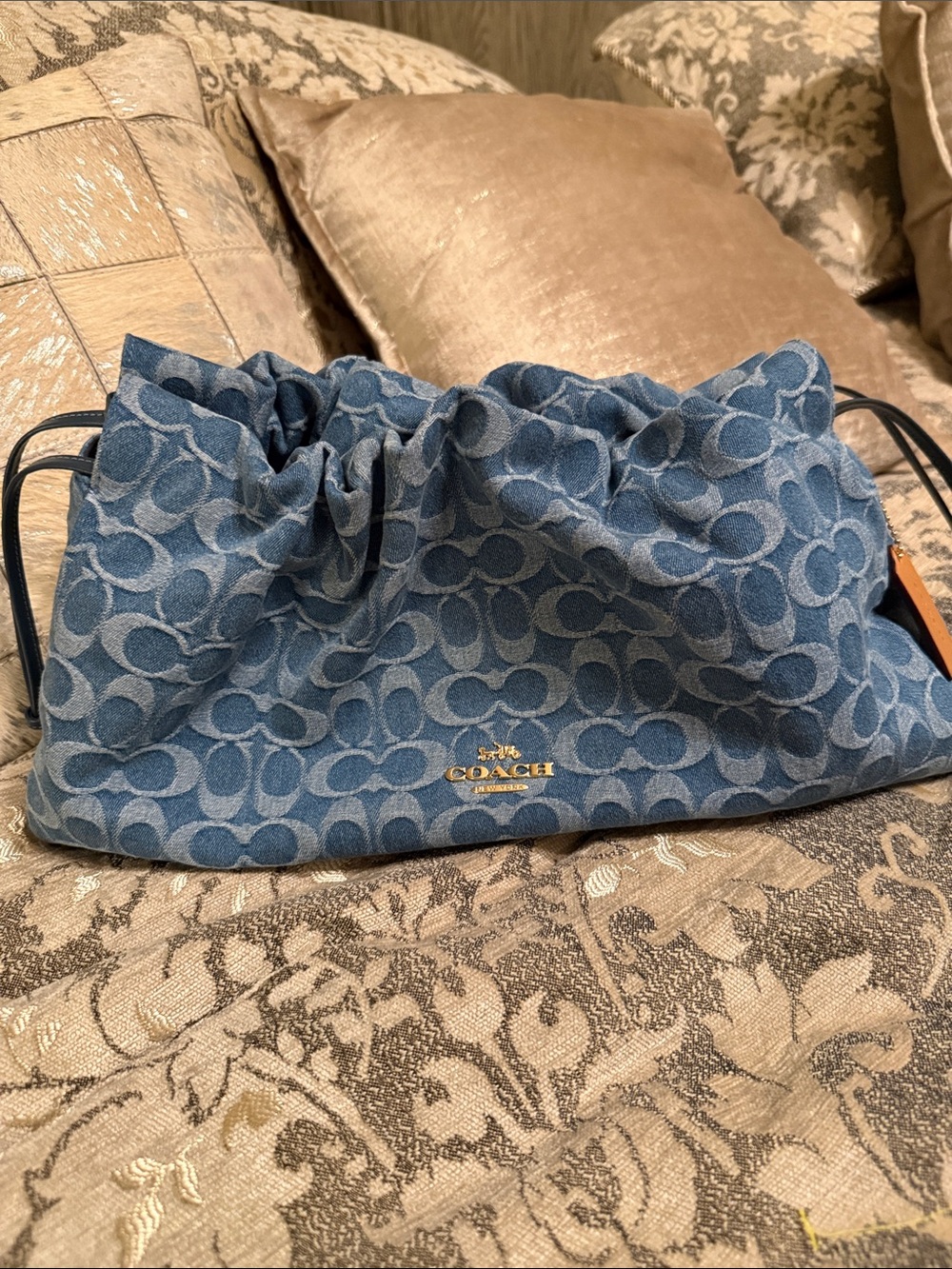 Coach Blue Denim Signature Drawstring Shoulder Bag with Gold Logo